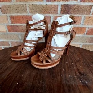 Stuart Weitzman Leather +Wood Platform High Heel Gladiator Sandals